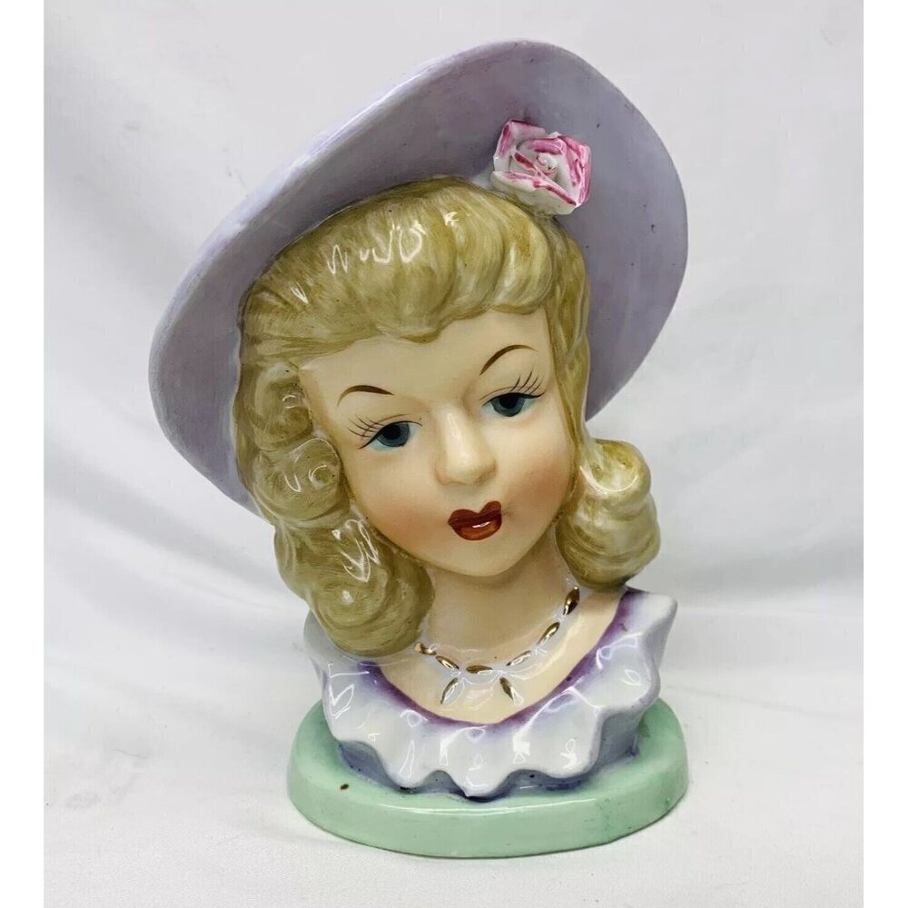 Vintage Lady Head Vase 60s Purple Hat‎ And Dress Blond Hair Neckless Rose MINT